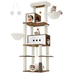 Feandrea PCT193X01 Großer Kratzbaum 197 cm Hoch XXL Modernes Mehrstöckiges Katzenhaus mit 2 Höhlen, 2 Liegeflächen, 4 Kratzsäulen, Katzenbürste, Tunnel, Plattformen, Vintage Braun