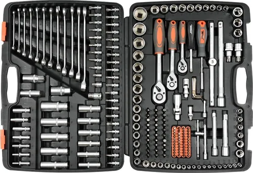 Sthor 216-tlg. Steckschlüssel Ratschen-Set Metall 58691 - Vielseitiges Schraubenschlüssel-Set mit 216 Teilen, ideal für Heimwerker und Mechaniker. Der reversible Ratschenschlüssel ermöglicht schnellen Zugriff auf schwer zugängliche Stellen, alles ordentlich im praktischen Koffer verstaut.