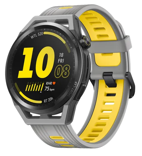 HUAWEI Watch GT Runner Smartwatch 46mm, grau - Smartwatch Ersatzarmbänder, komfortables Silikonarmband in Grau/Gelb, ideal für aktive Nutzer und sportliche Aktivitäten.