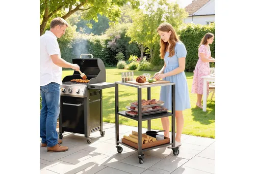 Outsunny 3-Etagen Grillwagen mit Edelstahl Arbeitsfläche - Mobiler Servierwagen für BBQ mit robustem Edelstahl-Tisch und drei Ablageflächen. Ideal für den Außenbereich, sicher bewegbar durch 4 Rollen – für ein entspanntes Grillvergnügen!