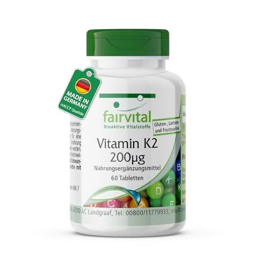 fairvital Vitamin K2 MK-7 200µg, 60 Tabletten, schluckfreundlich, HOCHDOSIERT, Menaquinon MK-7, natürlich & fermentiert aus Natto, VEGAN