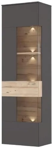 Vitrine Como Wolfram grau Planked Eiche mit Beleuchtung - Schränke & Wandschränke, moderne Glasvitrine mit integrierter Beleuchtung für stilvolle Akzente im Wohnzimmer.