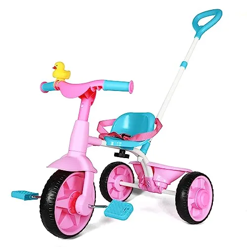KRIDDO 2 in 1 Dreirad ab 18 Monate bis 3 Jahr, Kinder Dreirad mit verbesserten Eva-Rädern, Dreirad für Kinder als Geschenk, Dreiräder 2-3 Jahren mit Schiebestange und Enten-Klingel, Rosa