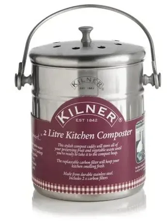KILNER Küchen-Komposter 2L, Edelstahl - Praktischer Biomülleimer für die Küche, inkl. 2 Kohlefilter für geruchsfreie Aufbewahrung. Ideal für umweltbewusste Haushalte.