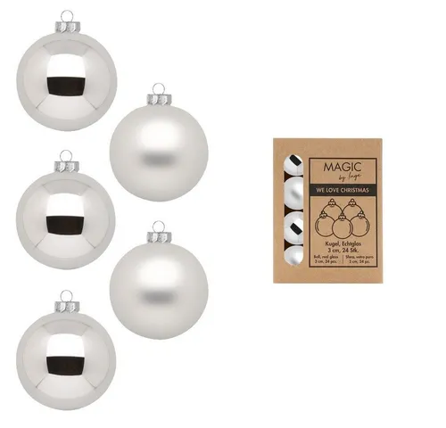 MAGIC by Inge Weihnachtsbaumkugel, Weihnachtskugeln Glas 3cm 24 Stück - Frosty Silver