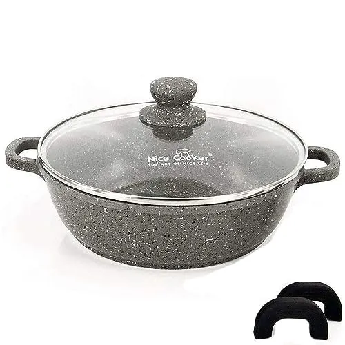 Nice Cooker Bratpfanne, grau, 3 l, antihaftbeschichtet, Roc-Tec® mit echten Steinpartikeln, inklusive Deckel & Griffen, ofen- und induktionsgeeignet, 28 cm