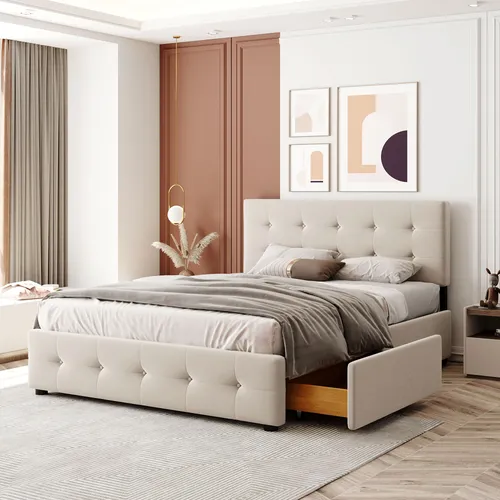 Polsterbett 140x200 cm mit Lattenrost und 4 Schubladen - Beige Samt - Elegantes Polsterbett mit höhenverstellbarem Kopfteil und 4 praktischen Schubladen für optimalen Stauraum. Stabil und einfach zu montieren, ideal für modernen Wohnstil.