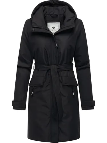 Ragwear Damen wasserdichter leichter Wintermantel warmer Parka mit Bindegürtel und Kapuze Horatia Warm YOUMODO Black Gr. XS