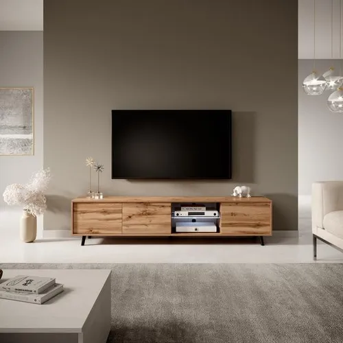 Moderne Medienkonsole TV-Lowboard mit LED-Beleuchtung - Stilvolles TV-Lowboard aus Holz in hellem Ton, mit 2 Regalfächern und 3 Türen. Ideal für Ihr Wohnzimmer, freistehend und modern gestaltet. Maße: 175 x 32 x 41 cm, inklusive 2 Jahre Herstellergarantie.