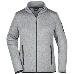 Damen Fleece Strickjacke JN761, hellgrau-melange/rot - Modische Funktionsjacke aus weichem Fleece mit Stehkragen, wärmend und pflegeleicht, ideal für aktive Tage. Figurbetonende Teilungsnähte und praktische Taschen sorgen für Funktionalität und Stil.