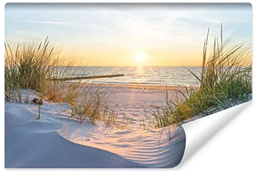 Muralo Fototapete Strand MEER Dünen Sonne Himmel Wasser Landschaft Natur 3D Effekt Moderne Wandtapete Wanddekoration für Wohnzimmer Schlafzimmer Esszimmer Br. 400cm x Hö. 280cm