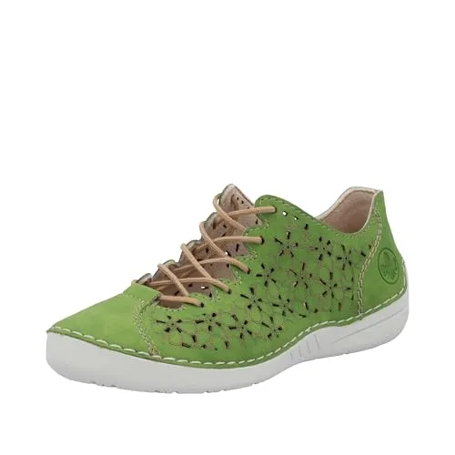 Rieker Damen Schnürschuh 52518 – Bequemer Sneaker mit floralem Lochmuster in Grün - Sneaker mit floralem Lochmuster und weicher Lederdecksohle. Ideal für den Alltag dank Antistress-Technologie für höchsten Tragekomfort und optimale Belüftung.