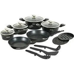 15-teiliges Kochgeschirr-Set mit Marmorbeschichtung, induktionsgeeignet - Schwarz/Rot/Blau