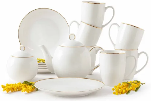 KONSIMO® Teeservice AD BELLA Kaffeeservice, Kombiservice, Hartporzellan, ecrufarben (14-tlg), 6 Personen, Porzellan, ecru Farbe mit Goldlinie, Handwäsche empfohlen, zeitloses Design