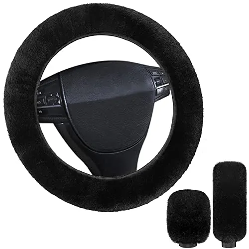 Lenkradbezug Plüsch Lenkradhülle Universal Auto Lenkrad Abdeckung Anti Rutsch Warme 3er/Set Zubehör 37cm-39cm (Schwarz)