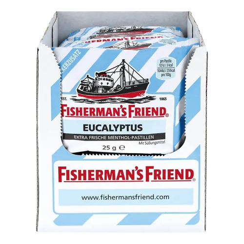 Fisherman`s Friend EXTRA FRISCHE Eucalyptus Pastillen - Zuckerfreie Eukalyptus-Bonbons, ideal für frischen Atem und Linderung bei Erkältungen, 24 Packungen à 25g für langanhaltenden Genuss.