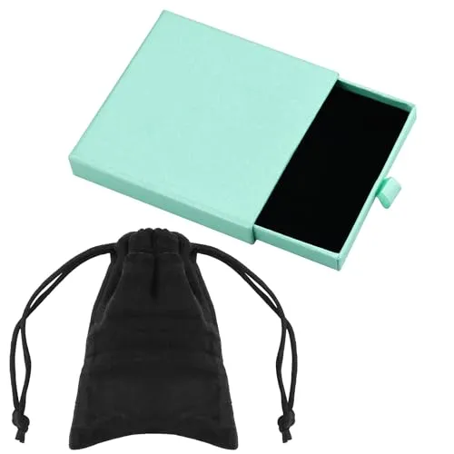 Hellgrüne Schmuck-Geschenkbox mit Flanellbeutel, 9 x 9 x 1,8 cm, kleine Schmuckschatulle, für Halsketten, Armbänder, Ohrringe, Kraft-Organizer, tragbar, quadratisch, mit Deckel, kleine Geschenkbox