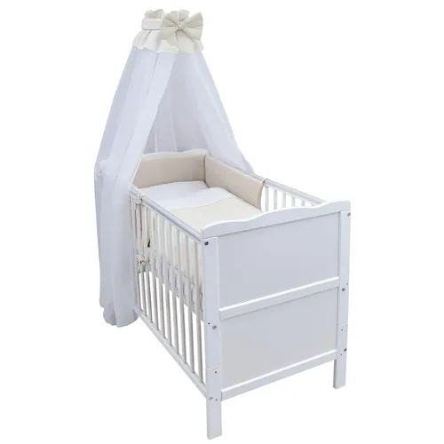 Baby-Delux Kinderbett Jack 140x70 Weiß - Umbaubar mit Komplettset - Stilvolles Babybett aus massivem Kiefernholz, umbaubar zum Juniorbett. Inklusive Matratze, hypoallergenem Bettwäsche-Set und Chiffonhimmel für eine gemütliche Schlafumgebung.