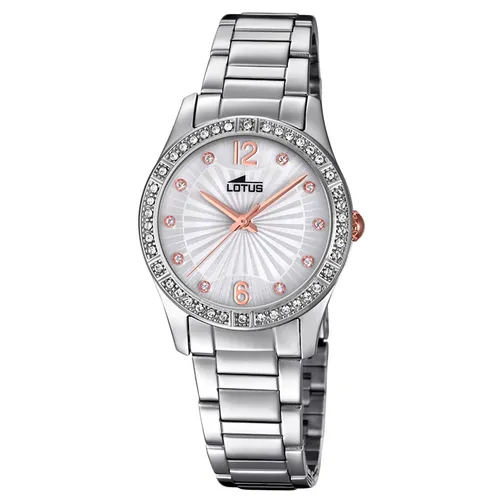 Lotus Damenuhr Grace Edelstahlband 18383/1 - Elegante Armbanduhr für Damen mit silbernem Edelstahlarmband und Quarzwerk, verziert mit 42 Zirkonia-Steinen auf der Lünette. Wasserdicht bis 5 ATM – ideal für jeden Anlass.