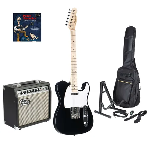 E-Gitarren Set für Anfänger J & D TL Black + GX 15 - Komplettes E-Gitarren Set mit J & D E-Gitarre TL Black und Fame GX-15 Verstärker. Ideal für Einsteiger, inklusive Zubehör wie Gigbag, Ständer und Kabel für den sofortigen Einsatz.