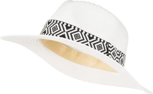 styleBREAKER Damen Panama Sonnenhut Einfarbig mit Stoff Hutband mit Azteken Muster, Strohhut, Schlapphut, Sommerhut, Fedora Hut 04025046, Farbe:Weiß