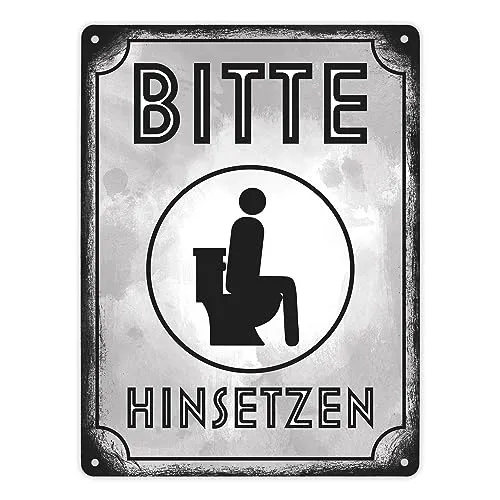 Bitte hinsetzen Metallschild XL in 21x28 cm für Badezimmer oder WC witziges Schild für die Toilette im Used Look um unnötige Verschmutzung zu verhindern für Restaurants Bars oder