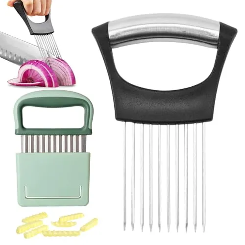 SZZETK Verbessert Zwiebelhalter zum Schneiden and Wellenmesser Satz, Wellenschneider, Wellenschneider für Pommes, Zitronenschneider, Zwiebelhalter Edelstahl, Geeignet für Gemüse- und Obstform