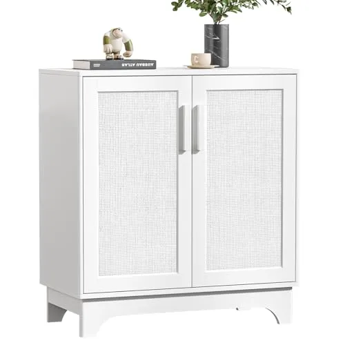 Yvsevnr Rattan Sideboard Küchenschrank mit Verstellbare Ablagen Landhausstil Buffetschrank Holz Aufbewahrungsschrank Kippsicherung Schrank für Küche, Wohnzimmer, Esszimmer, Flur 80 x 40 x 89 cm