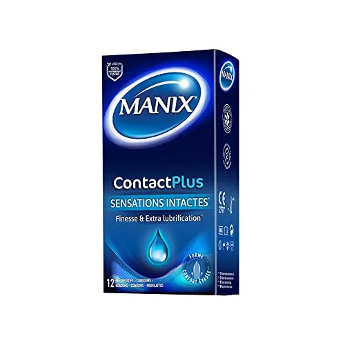 Manix Contact Plus: Packung mit 12 Kondomen für Herren, ultradünn und extra geschmiert, für unbeschädigte Gefühle, Durchmesser 53 mm