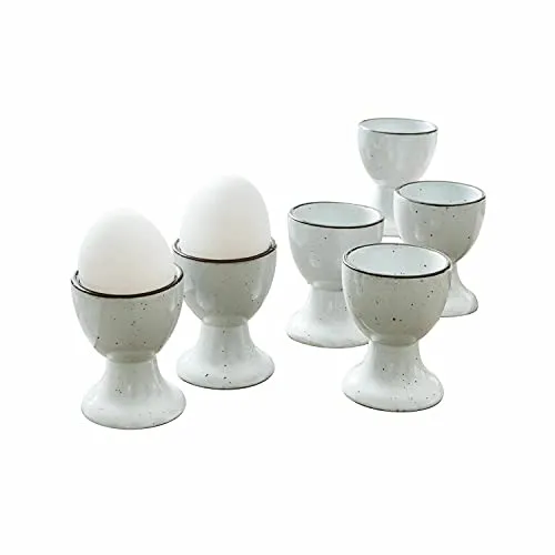 Loberon Eierbecher 6er Set Biarré - Steingut mit Zierendem Farbrand - Handgetöpfert - Glänzende Oberfläche - 6.5cm, weiß