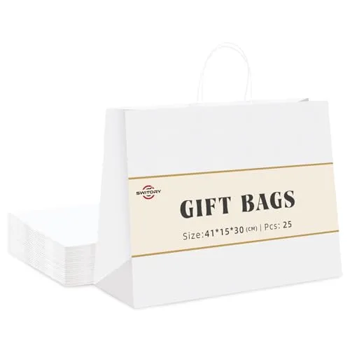 Switory 25 Stk Weiß Papiertüten mit Henkel - 41 x 15 x 30 cm Groß Geschenktüten Papiertragetaschen Kraftpapiertüte zum Einkaufen, DIY, Geschäfte, Geburtstag, Party