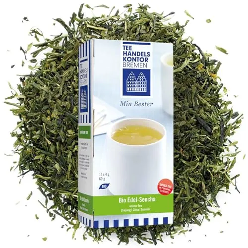 Bio Grüner Sencha Tee mit bittersüßem Geschmack - 15 x 4 g Teebeutel - Min Bester Bio Edel-Sencha - Tee in Spitzenqualität - 60 g - TEE HANDELSKONTOR BREMEN