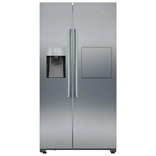 Siemens Amerikanischer Side by Side Kühlschrank, 178,7x90x70,7 cm, gebürsteter Stahl, antiFingerprint - Kühlschrank mit noFrost-System für müheloses Abtauen, extragroßem Lagervolumen und Eis-/Wasserspender für erfrischende Getränke auf Knopfdruck.