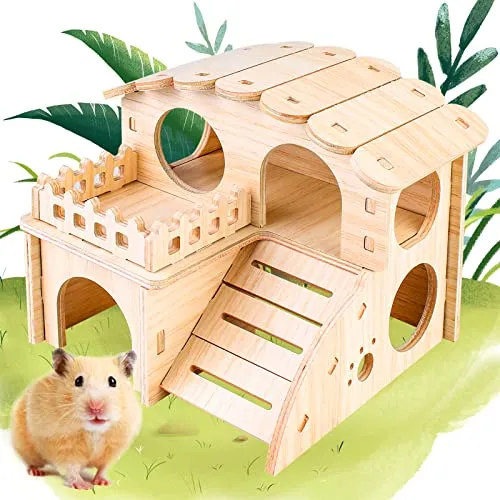 Vegena Hamster Eckhaus - Holz Hamsterhaus, Meerschweinchen Haus mit Leiter, 2 Etagen Hamster Versteck, Hamster Haus Holz für Kleine Haustiere Zwerghamster, Degus, Stachelmäuse, Rennmäuse