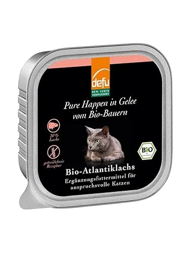 defu Katzenfutter | 1 x 100 g | Bio Atlantiklachs Pure Happen in Gelee | Premium Bio Ergänzungsfuttermittel für Katzen