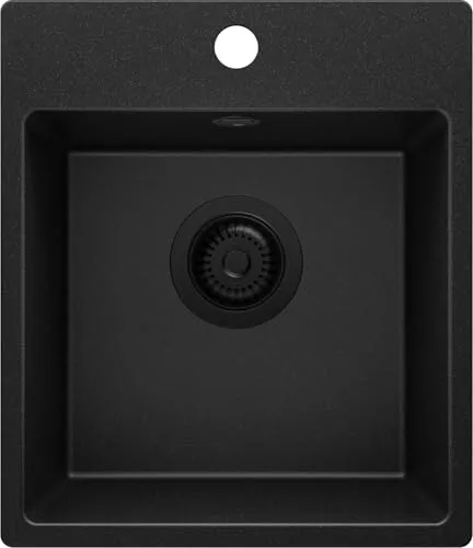 PRIMAGRAN Spülbecken Alles Schwarz 38x44cm, Granitspüle 1 Becken + Ablauf-Set, Küchenspüle ab 40er Unterschrank - Riga Easy S007