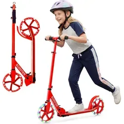 COSTWAY Scooter Roller klappbar, Tretroller, Cityroller 100kg Tragkraft, Sport Kickscooter, Kickroller mit 2 LED Rädern & ABEC-7 Kugellager, Rot - Rot