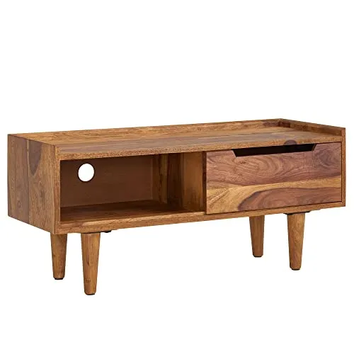 FineBuy Lowboard Sheesham Massivholz 95x44x34 cm - TV-Halterungen mit praktischer Schiebetür und zwei Staufächern für Ordnung im Wohnzimmer. Hergestellt aus robustem Sheesham Massivholz, ideal für moderne Wohnräume.
