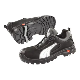 PUMA Sicherheitsschuh Cascades Low Gr.48 schwarz/weiß - S3-Sicherheitsschuhe mit gefettetem Vollrindleder, hitzebeständig bis 300 °C und rutschfester PU/Gummisohle, ideal für anspruchsvolle Arbeitsumgebungen.