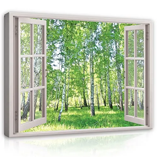 WallArena Leinwandbild Fensterblick Wald - 100x75 cm Naturmotiv - Premium Leinwandbild im Format 100x75 cm, ideal für Wohnzimmer oder Büro. Hochwertiger Druck mit beeindruckender Farbtiefe und UV-beständiger Oberfläche. Sofort aufhängbar und perfekt für stilvolle Raumgestaltungen.