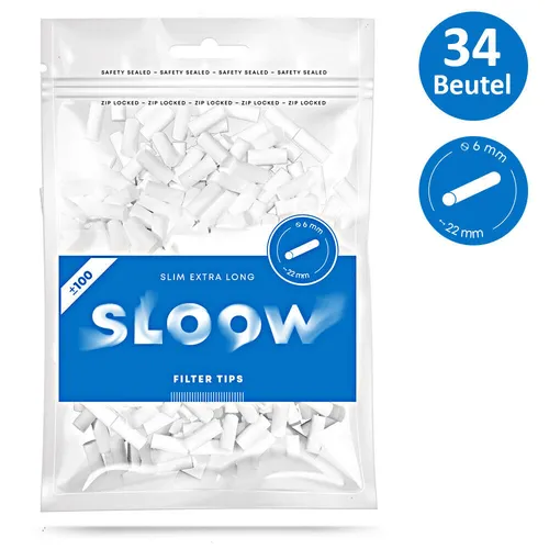 100er Beutel Sloow Extra Long Slim Filter 6mm Drehfilter Eindrehfilter Lang 34 x