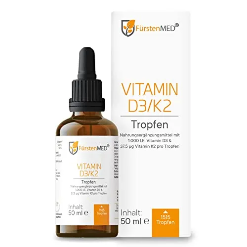 FürstenMED® 50ml Vitamin D3 K2 Tropfen (1000 I.E) Hochdosiert mit 25µg Vit. D3 & 37,5µg Vit. K2 pro Tagesdosis