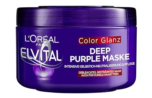 L'Oréal Paris Elvital Color Glanz Purple Deep Mask - Intensive Haarmaske für blondes und gesträhntes Haar. Neutralisiert Gelbtöne und sorgt für Geschmeidigkeit und Glanz. Ideal für die wöchentliche Anwendung zur Pflege und Auffrischung der Haarfarbe.
