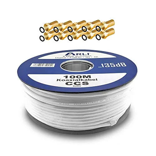 ARLI 100m Koaxialkabel – 5-fach geschirmt und UV-beständig - HiFi-Kabel für DVB-S, DVB-T2 und 4K HDTV – Maximale Abschirmung mit 135 dB, inklusive 10 vergoldete F-Stecker für eine sichere und langlebige Verbindung.