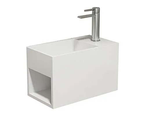 Bernstein Badshop Wandwaschbecken PB2046 - Modernes Waschbecken mit Ablage - Waschplätze: Hängewaschbecken aus hochwertigem Mineralguss mit seitlichem Ablagefach, ideal für kleine Bäder und inklusive Pop-Up Ablaufventil.