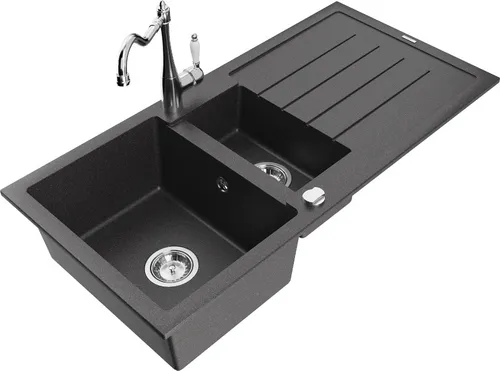 Produktbild Mexen Andres 1,5-Becken-Granitspüle mit Abtropffläche und Mischbatterie Carla, Schwarz gesprenkelt - 6515-76-670700-00