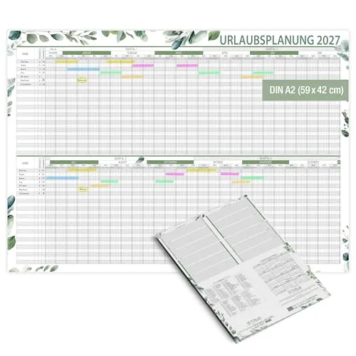 TOBJA Urlaubsplaner 2027 Mitarbeiter Groß A2 (42x59,4 cm) Wandplaner für bis zu 25 Personen - Eukalyptus Design, Premium Papier - mit Jahresübersicht & Ferienkalender | Urlaubskalender Büro