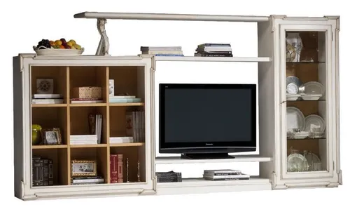 Antik Stil TV Wohnwand – Eleganter Fernsehschrank - Moderne Wohnwand im Antik Stil für Ihr Wohnzimmer. Mit ca. 330 x 39 x 175 cm bietet sie viel Platz und verleiht Ihrem Raum einen stilvollen Akzent. Aus hochwertigem Holzfurnier gefertigt, ist sie freistehend und langlebig.