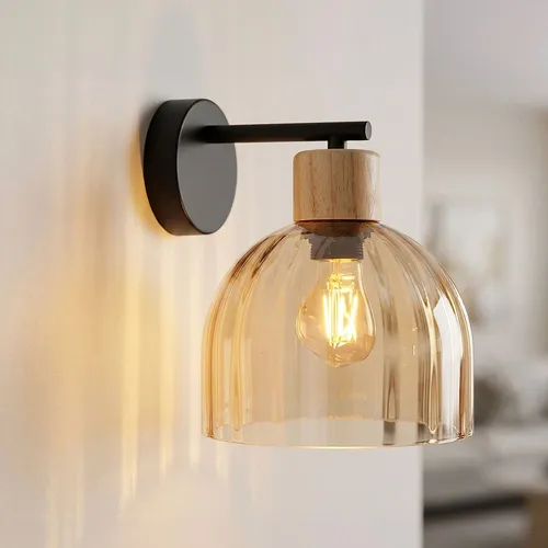 GLOBO LIGHTING Wandleuchte aus Metall schwarz matt mit Holz- und Glaselement - Moderne Wandleuchte mit eleganten Materialien für stilvolle Akzentbeleuchtung. Ideal für Flure und Wohnräume, E27-Fassung für individuelle Lichtgestaltung.