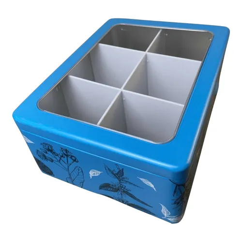 Teebeutelbox blau Teedose mit Scharnierdeckel und Sichtfenster Dose